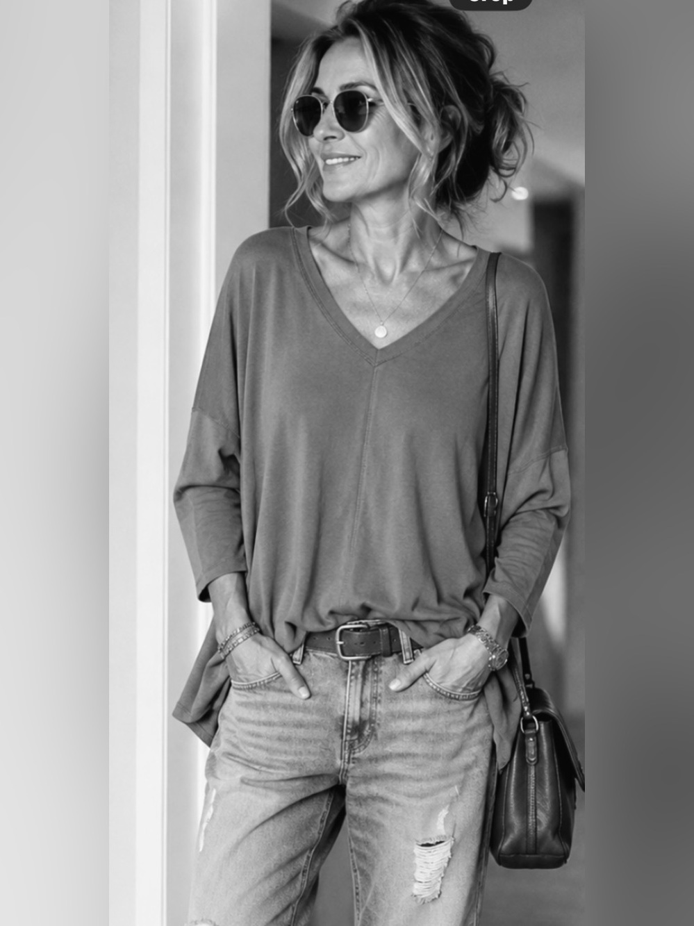 Luxe Basic Tee long sleeve Relaxed Slouch Super Soft Drapey V-Neck Sz. M/L
